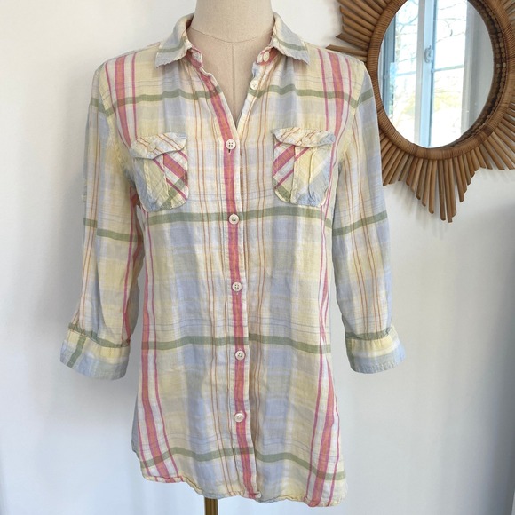 American Eagle Outfitters Tops - Vintage Y2K American Eagle Pastel Colorful Plaid Button Up Shirt Linen Blend M